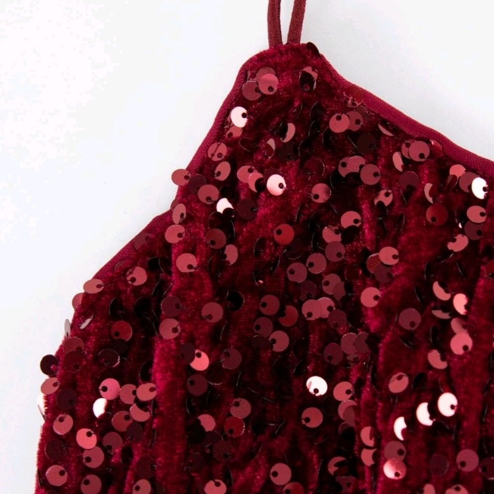 New Sequin Velvet Stretch Cami Mini Dress Bodycon Strappy Burgundy Red - Picture 8 of 11